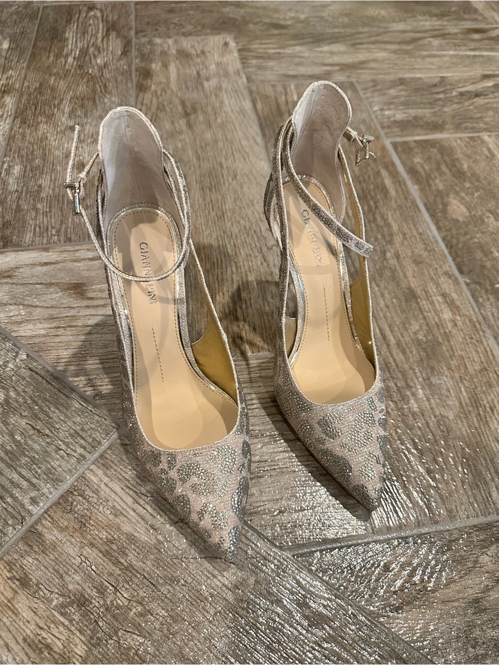 Gianni Bini Silver Glitter Pointed Toe Ankle Strap Pumps